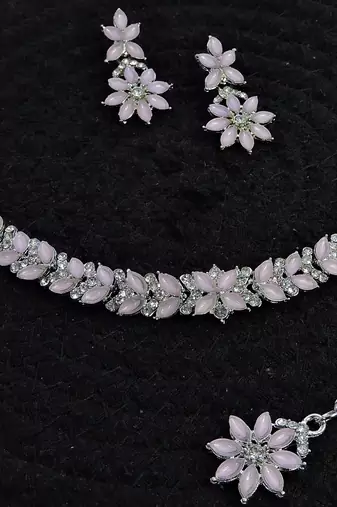 Pink color rhodium plating festive wear designer necklace set