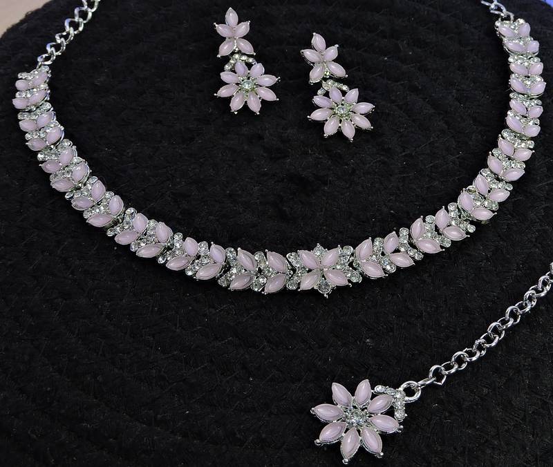 Pink color rhodium plating festive wear designer necklace set