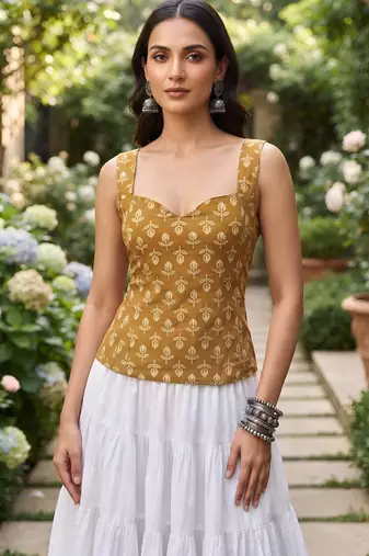 Mustard cotton printed top for women