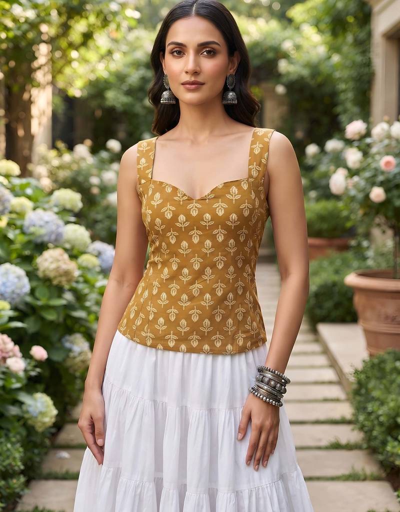 Mustard cotton printed top for women