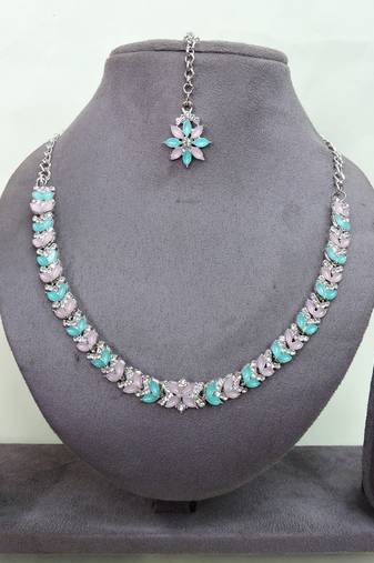 Green color rhodium plating festive wear designer necklace set