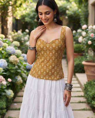 Mustard cotton printed top for women 3