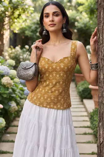 Mustard cotton printed top for women