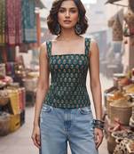 Green cotton printed top for women