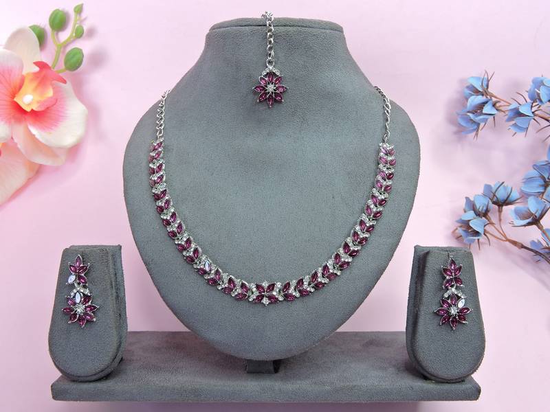 Purple color rhodium plating festive wear designer necklace set