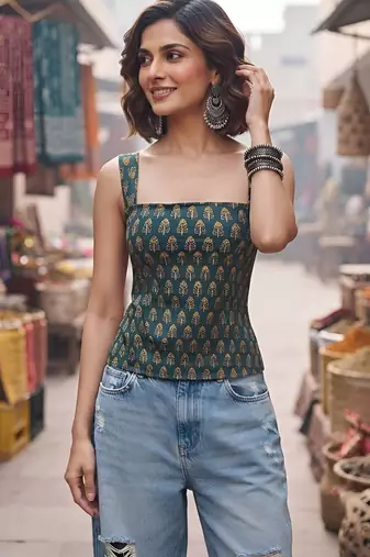 Green cotton printed top for women