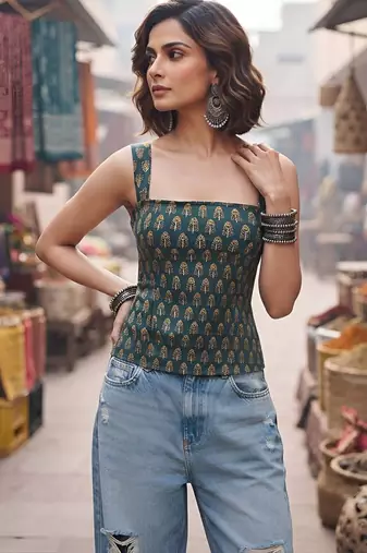 Green cotton printed top for women