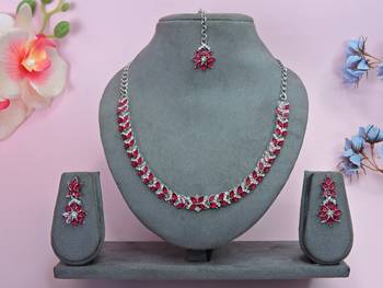 Pink color rhodium plating festive wear designer necklace set 1