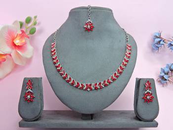 Red color rhodium plating festive wear designer necklace set 1