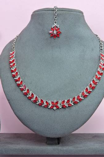 Red color rhodium plating festive wear designer necklace set