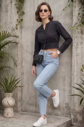 Black cotton printed top for women