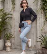 Black cotton printed top for women