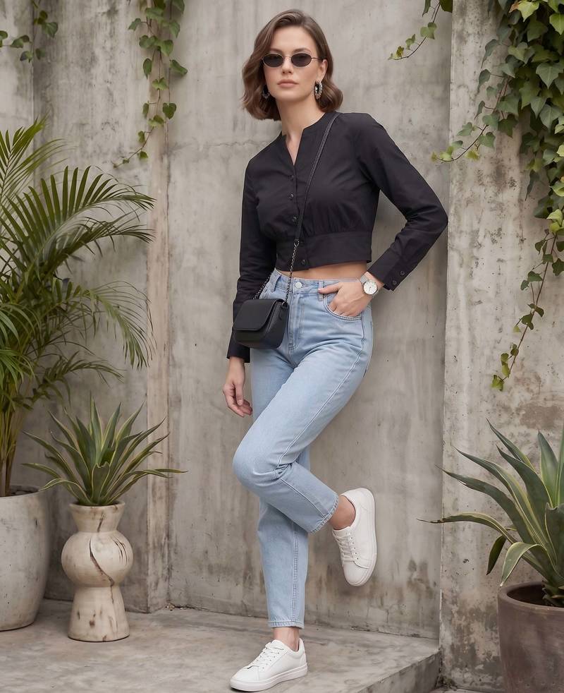 Black cotton printed top for women