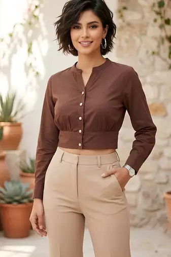 Brown cotton printed top for women