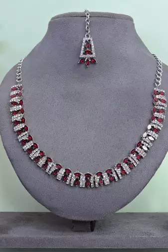 Maroon color rhodium plating festive wear designer necklace set