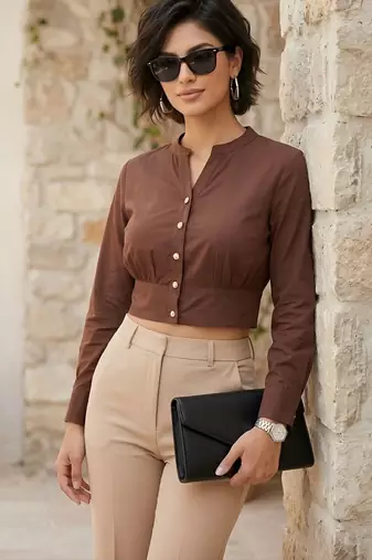 Brown cotton printed top for women