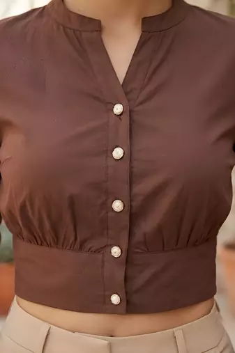 Brown cotton printed top for women