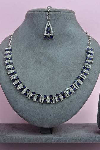 Blue color rhodium plating festive wear designer necklace set