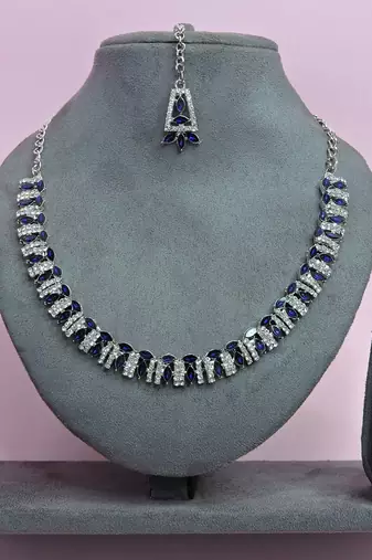 Blue color rhodium plating festive wear designer necklace set