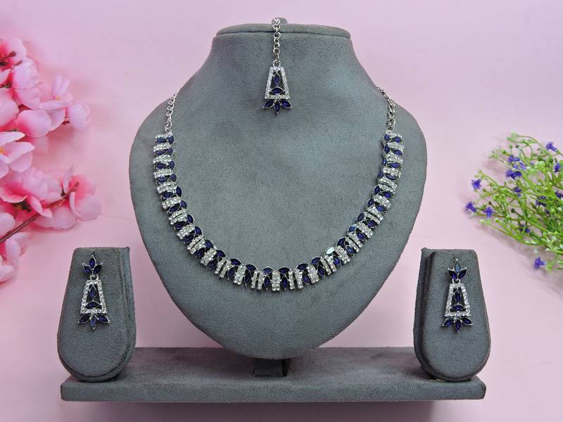 Blue color rhodium plating festive wear designer necklace set