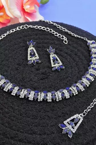 Blue color rhodium plating festive wear designer necklace set