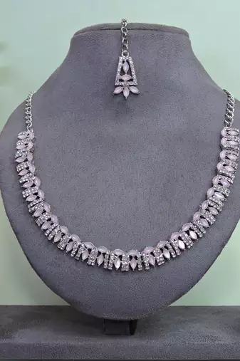 Pink color rhodium plating festive wear designer necklace set