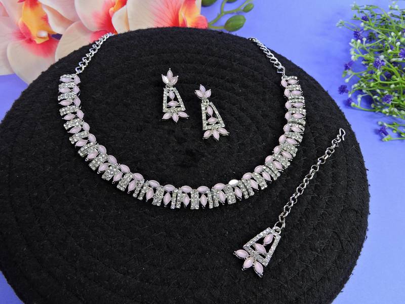 Pink color rhodium plating festive wear designer necklace set