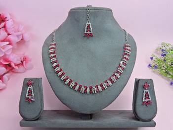 Pink color rhodium plating festive wear designer necklace set 1