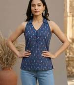 Blue cotton printed top for women