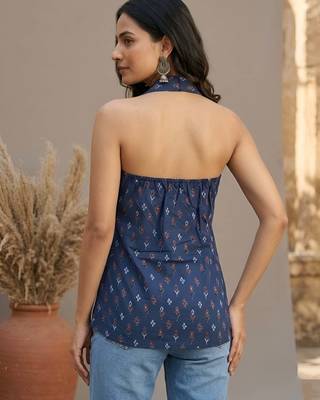 Blue cotton printed top for women 2
