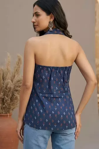 Blue cotton printed top for women