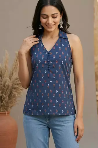 Blue cotton printed top for women