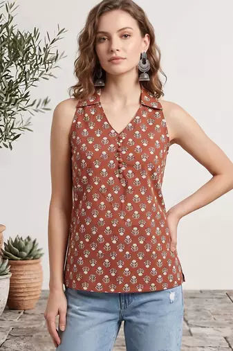 Orange cotton printed top for women