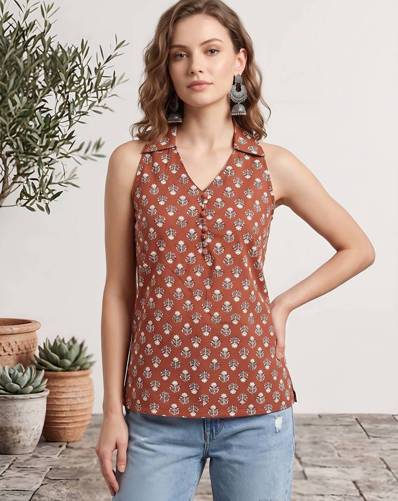 Orange cotton printed top for women