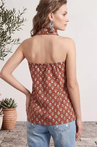 Orange cotton printed top for women