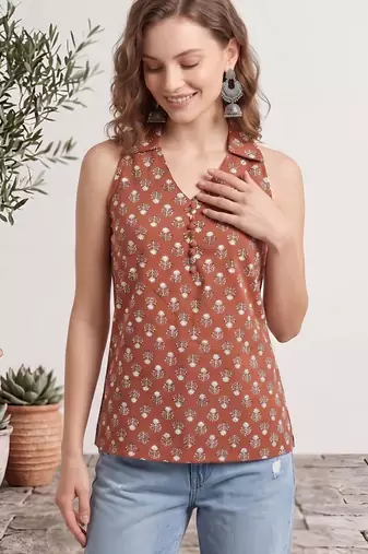 Orange cotton printed top for women
