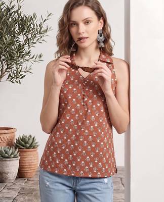 Orange cotton printed top for women 4