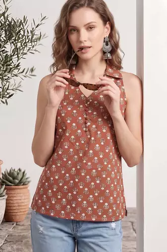 Orange cotton printed top for women