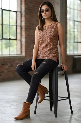 Brown cotton printed top for women
