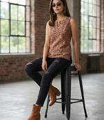 Brown cotton printed top for women
