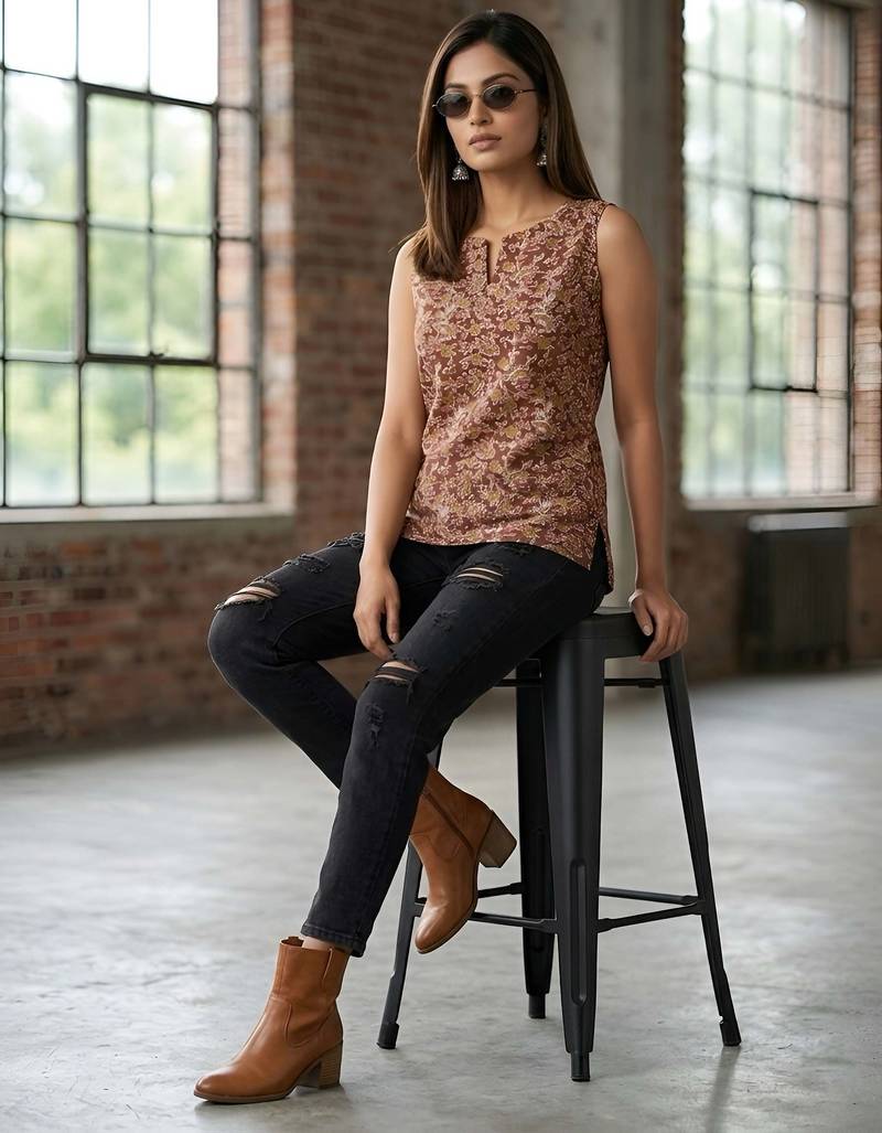 Brown cotton printed top for women