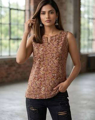 Brown cotton printed top for women 2