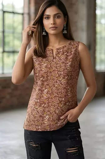 Brown cotton printed top for women