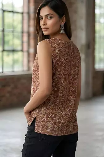 Brown cotton printed top for women