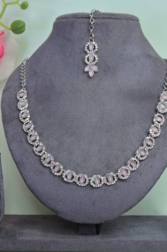 Pink color rhodium plating festive wear designer necklace set