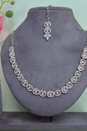 Pink color rhodium plating festive wear designer necklace set