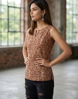 Brown cotton printed top for women 4