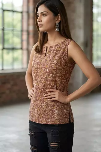 Brown cotton printed top for women