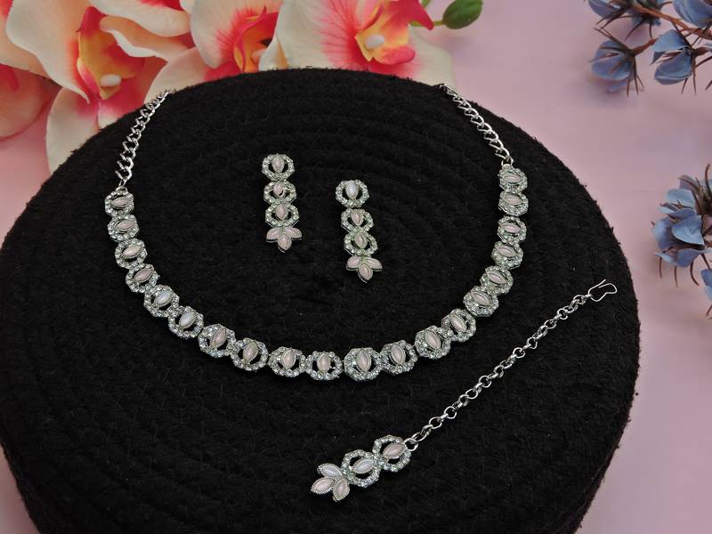 Pink color rhodium plating festive wear designer necklace set