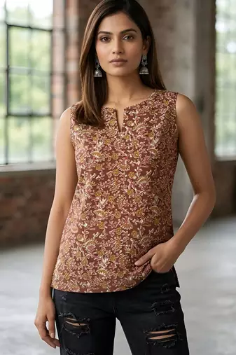 Brown cotton printed top for women